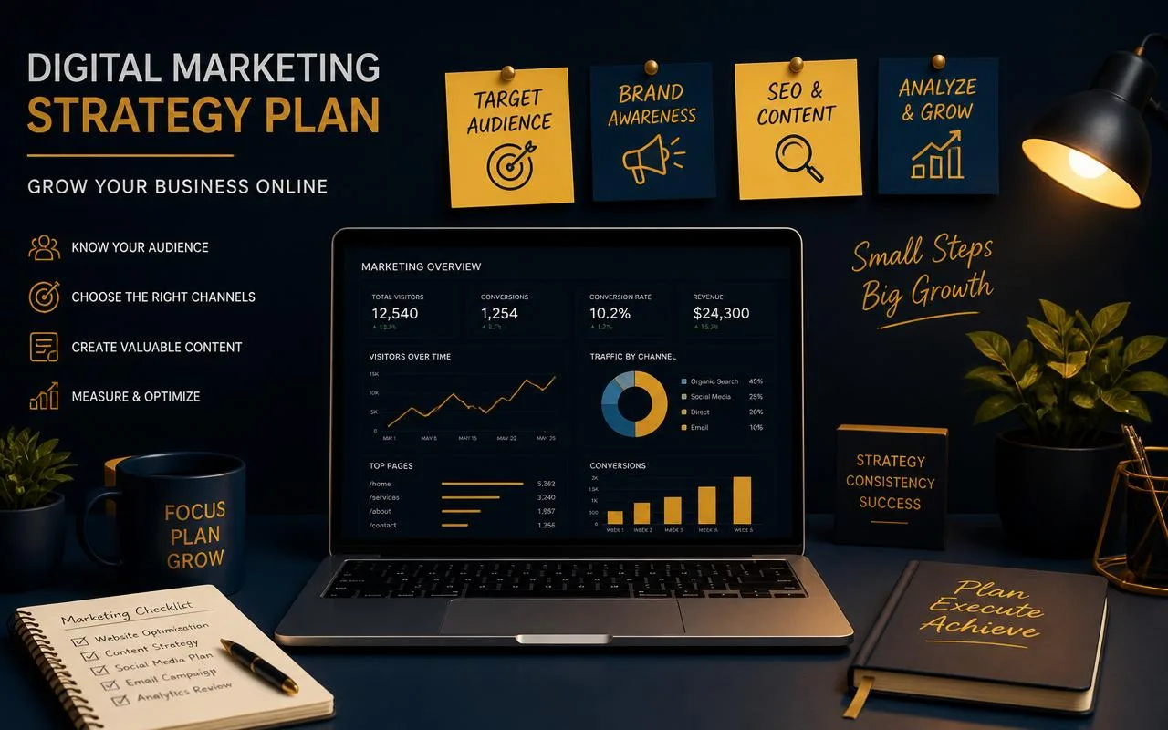 Planificación de una estrategia de marketing digital sobre un escritorio con gráficos