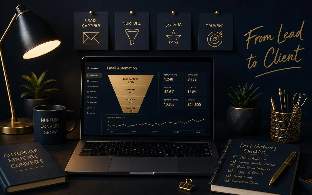 Escritorio de trabajo con métricas de email marketing y automatización de leads