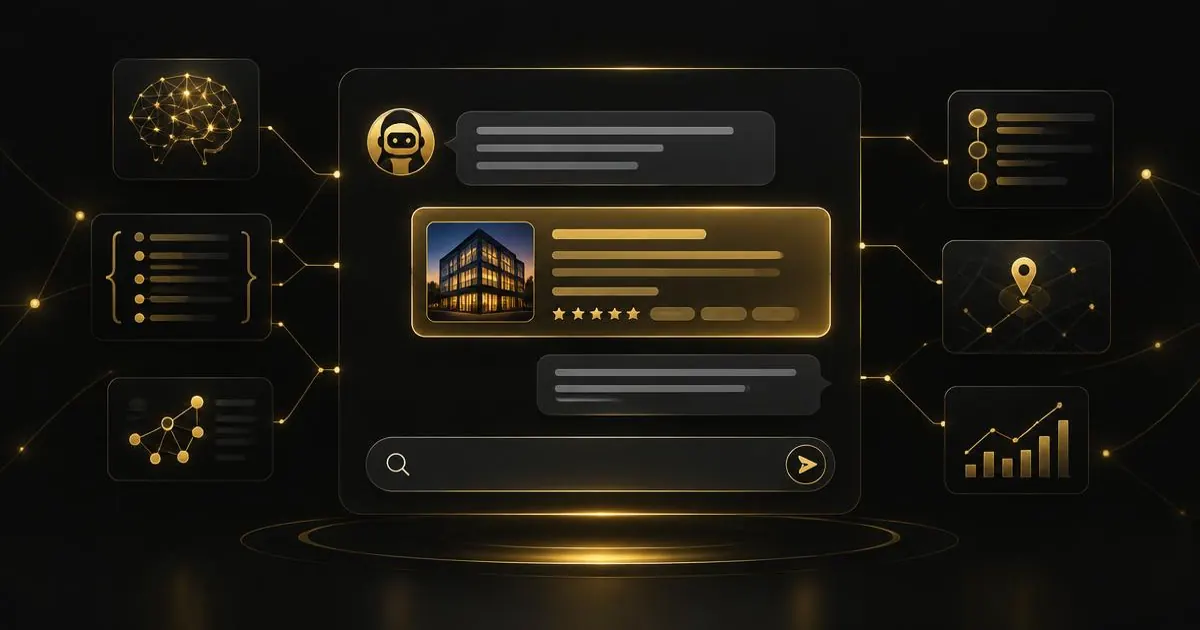 Pantalla con respuestas de ChatGPT, Gemini y Perplexity recomendando una empresa, sobre fondo negro y dorado